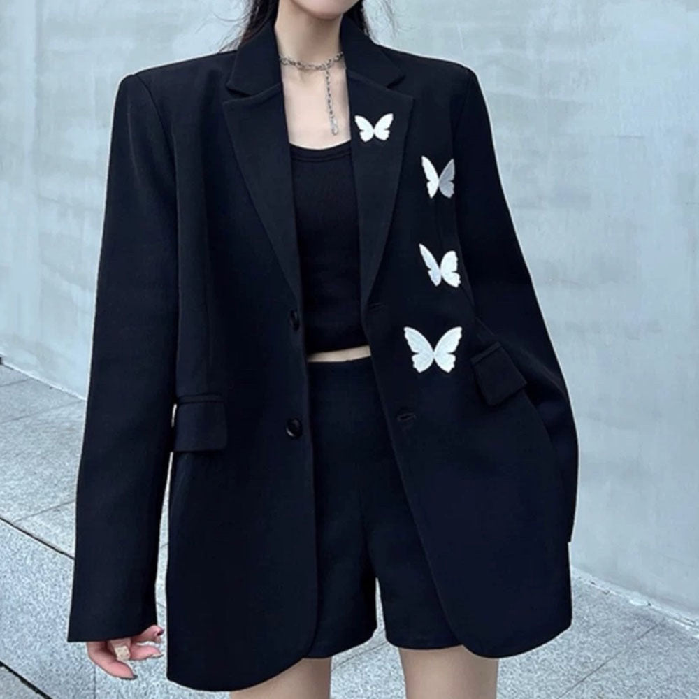 Casual Day Outfits, Easy Trendy Outfits Butterfly Embroidery Black Blazer Casual Day Outfits, Easy Trendy Outfits Butterfly Embroidery Black Blazer