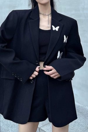 Casual Day Outfits, Easy Trendy Outfits Butterfly Embroidery Black Blazer