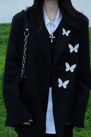 Casual Day Outfits, Easy Trendy Outfits Butterfly Embroidery Black Blazer