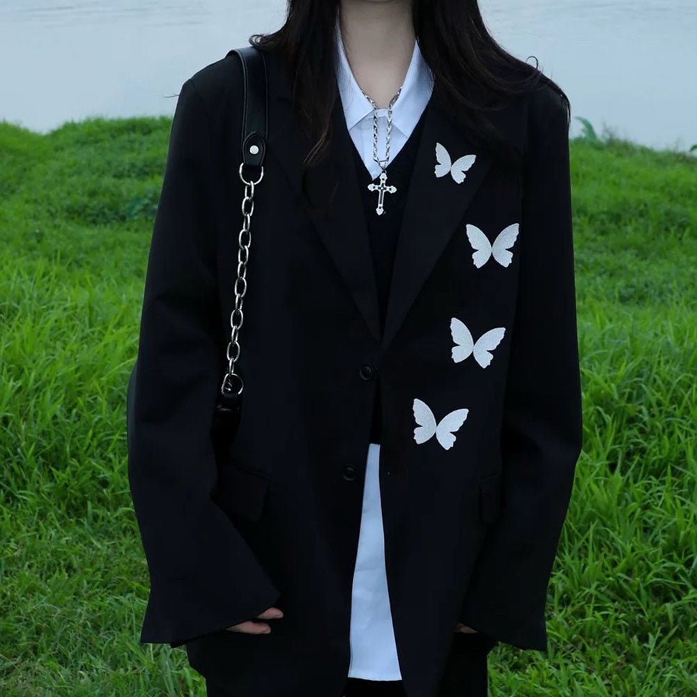 Casual Day Outfits, Easy Trendy Outfits Butterfly Embroidery Black Blazer Casual Day Outfits, Easy Trendy Outfits Butterfly Embroidery Black Blazer