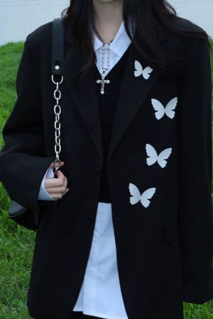 Casual Day Outfits, Easy Trendy Outfits Butterfly Embroidery Black Blazer