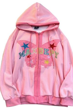 Casual Day Outfits, Easy Trendy Outfits Butterfly Embroidery Zip Up Hoodie