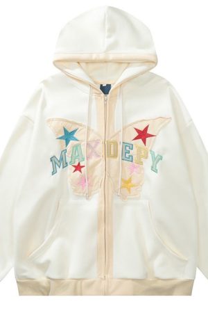 Casual Day Outfits, Easy Trendy Outfits Butterfly Embroidery Zip Up Hoodie