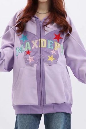Casual Day Outfits, Easy Trendy Outfits Butterfly Embroidery Zip Up Hoodie