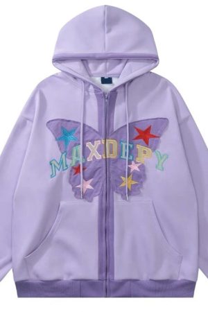 Casual Day Outfits, Easy Trendy Outfits Butterfly Embroidery Zip Up Hoodie