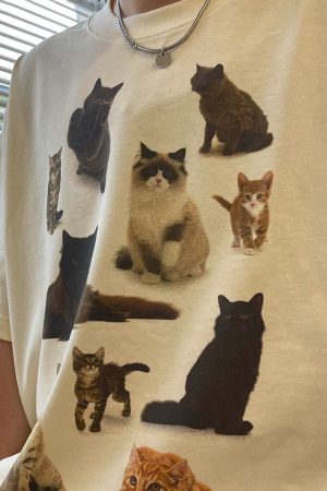 Casual Day Outfits, Easy Trendy Outfits Cat Print Aesthetic T-Shirt