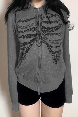 Casual Day Outfits, Easy Trendy Outfits Chain Skeleton Print Grunge Hoodie