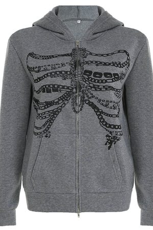Casual Day Outfits, Easy Trendy Outfits Chain Skeleton Print Grunge Hoodie