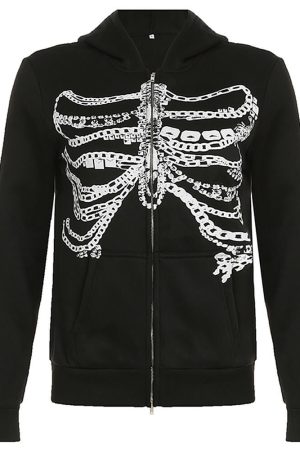 Casual Day Outfits, Easy Trendy Outfits Chain Skeleton Print Grunge Hoodie