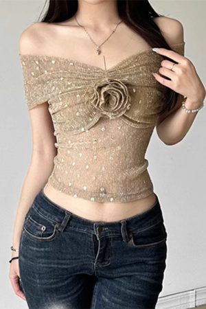 Casual Day Outfits, Easy Trendy Outfits Charming Rose Bardot Mesh Top