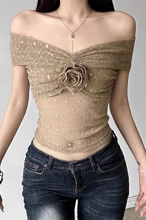 Casual Day Outfits, Easy Trendy Outfits Charming Rose Bardot Mesh Top