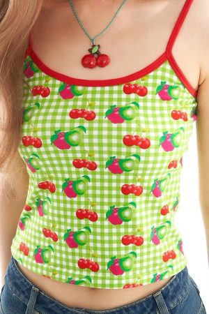 Casual Day Outfits, Easy Trendy Outfits Cherry Print Gingham Top