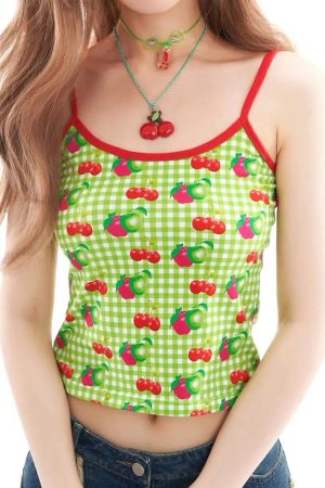 Casual Day Outfits, Easy Trendy Outfits Cherry Print Gingham Top