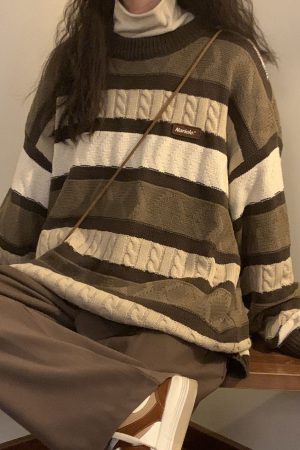 Casual Day Outfits, Easy Trendy Outfits Coffee Cream Striped Oversize Sweater