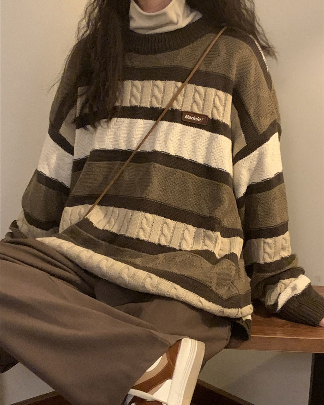 Casual Day Outfits, Easy Trendy Outfits Coffee Cream Striped Oversize Sweater Casual Day Outfits, Easy Trendy Outfits Coffee Cream Striped Oversize Sweater