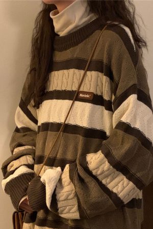 Casual Day Outfits, Easy Trendy Outfits Coffee Cream Striped Oversize Sweater
