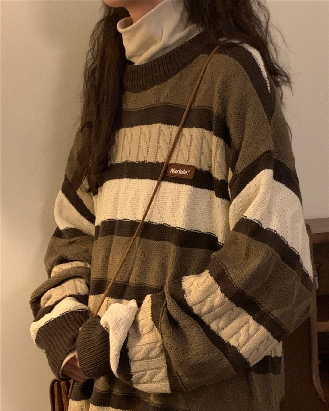 Casual Day Outfits, Easy Trendy Outfits Coffee Cream Striped Oversize Sweater Casual Day Outfits, Easy Trendy Outfits Coffee Cream Striped Oversize Sweater