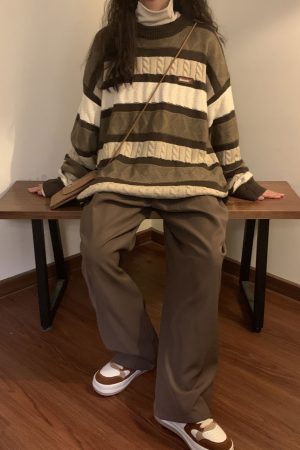 Casual Day Outfits, Easy Trendy Outfits Coffee Cream Striped Oversize Sweater