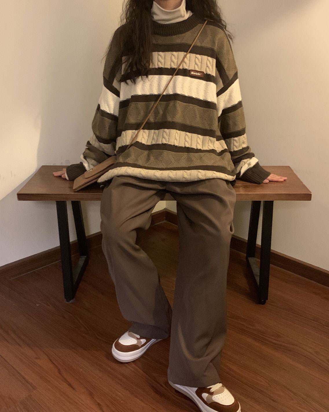 Casual Day Outfits, Easy Trendy Outfits Coffee Cream Striped Oversize Sweater Casual Day Outfits, Easy Trendy Outfits Coffee Cream Striped Oversize Sweater