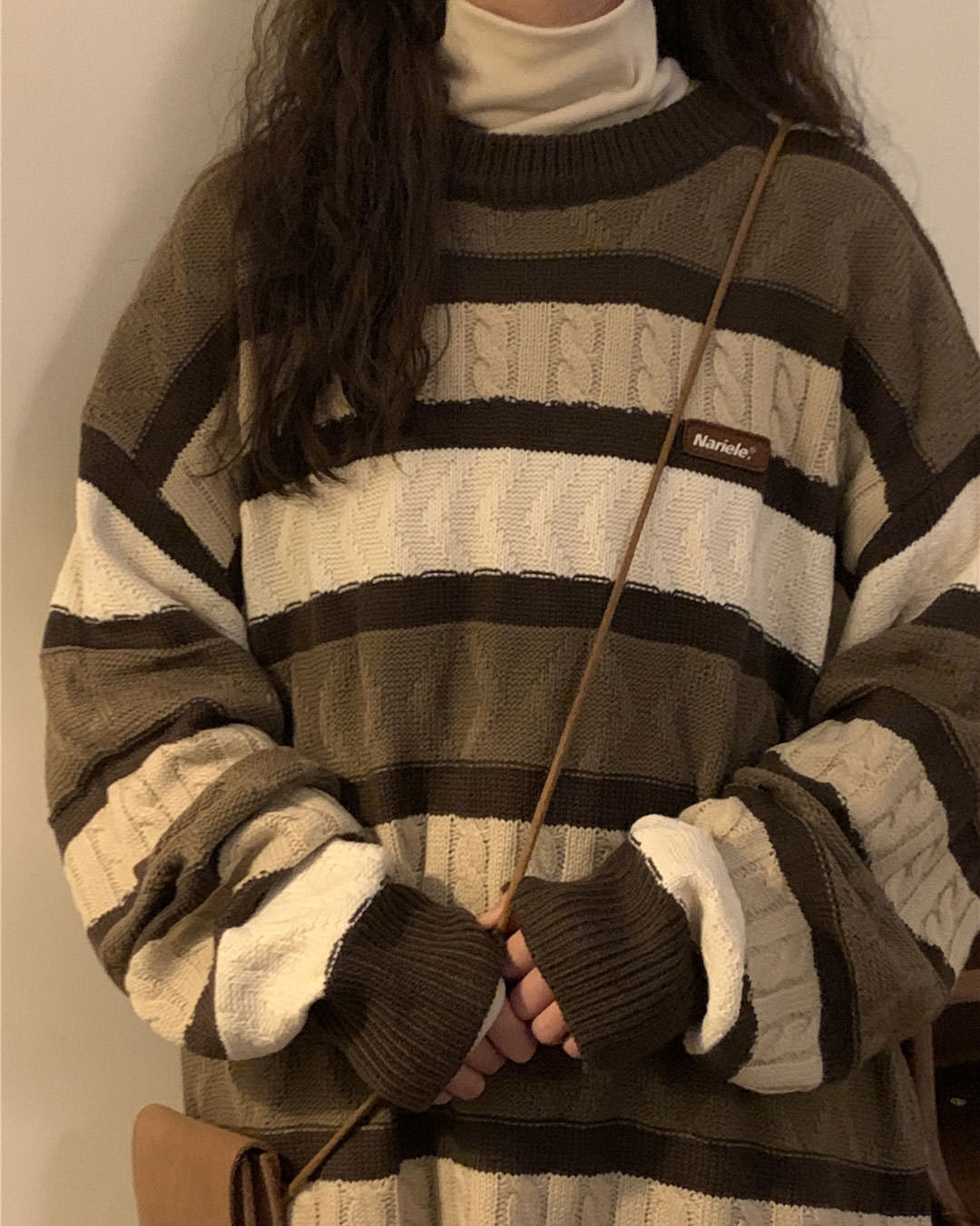 Casual Day Outfits, Easy Trendy Outfits Coffee Cream Striped Oversize Sweater Casual Day Outfits, Easy Trendy Outfits Coffee Cream Striped Oversize Sweater