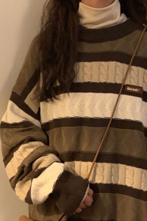 Casual Day Outfits, Easy Trendy Outfits Coffee Cream Striped Oversize Sweater
