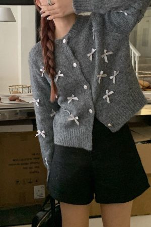 Casual Day Outfits, Easy Trendy Outfits Coquette Aesthetic Grey Cardigan