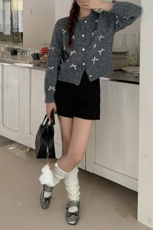 Casual Day Outfits, Easy Trendy Outfits Coquette Aesthetic Grey Cardigan