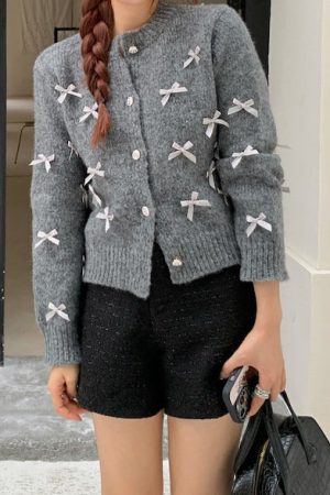 Casual Day Outfits, Easy Trendy Outfits Coquette Aesthetic Grey Cardigan