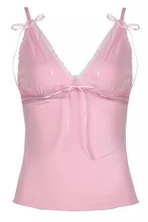 Casual Day Outfits, Easy Trendy Outfits Coquette Girl Pink Bow Lace Top