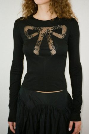 Casual Day Outfits, Easy Trendy Outfits Coquette See Through Lace Bow Top