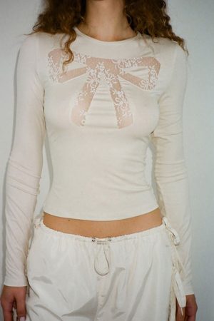 Casual Day Outfits, Easy Trendy Outfits Coquette See Through Lace Bow Top