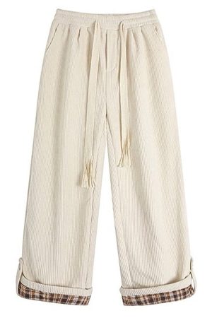 Casual Day Outfits, Easy Trendy Outfits Cord Wide-Leg Pants with Plaid Cuffs