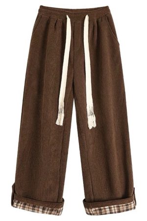 Casual Day Outfits, Easy Trendy Outfits Cord Wide-Leg Pants with Plaid Cuffs