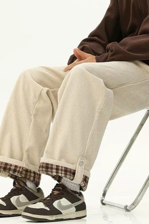 Casual Day Outfits, Easy Trendy Outfits Cord Wide-Leg Pants with Plaid Cuffs