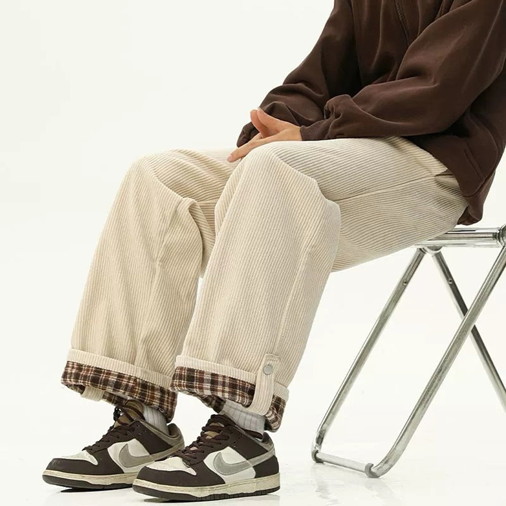 Casual Day Outfits, Easy Trendy Outfits Cord Wide-Leg Pants with Plaid Cuffs Casual Day Outfits, Easy Trendy Outfits Cord Wide-Leg Pants with Plaid Cuffs