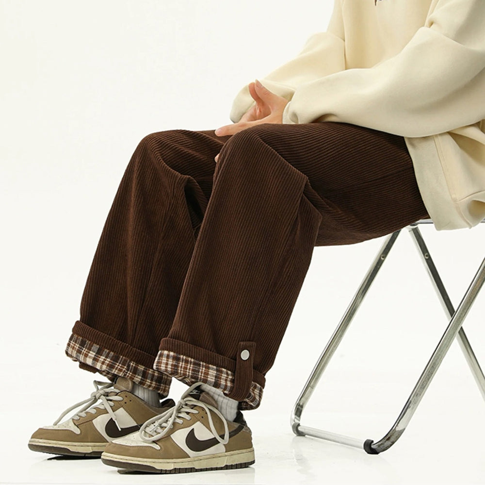 Casual Day Outfits, Easy Trendy Outfits Cord Wide-Leg Pants with Plaid Cuffs Casual Day Outfits, Easy Trendy Outfits Cord Wide-Leg Pants with Plaid Cuffs