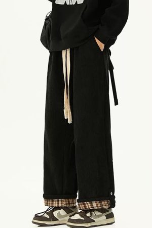 Casual Day Outfits, Easy Trendy Outfits Cord Wide-Leg Pants with Plaid Cuffs