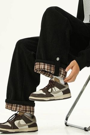 Casual Day Outfits, Easy Trendy Outfits Cord Wide-Leg Pants with Plaid Cuffs