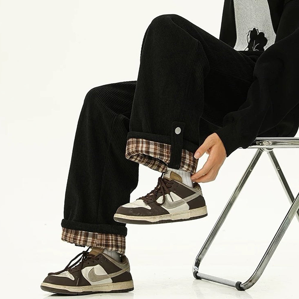 Casual Day Outfits, Easy Trendy Outfits Cord Wide-Leg Pants with Plaid Cuffs Casual Day Outfits, Easy Trendy Outfits Cord Wide-Leg Pants with Plaid Cuffs