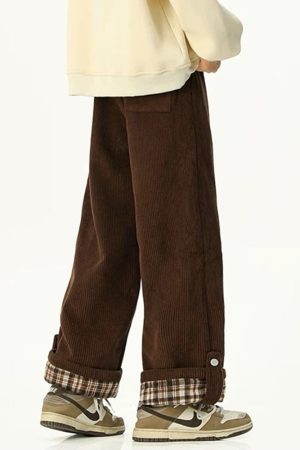 Casual Day Outfits, Easy Trendy Outfits Cord Wide-Leg Pants with Plaid Cuffs