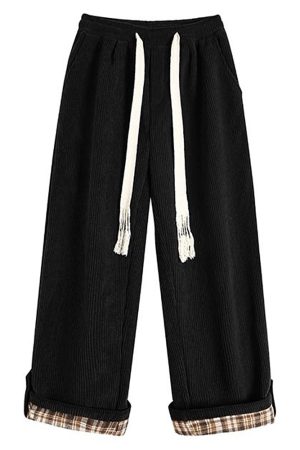 Casual Day Outfits, Easy Trendy Outfits Cord Wide-Leg Pants with Plaid Cuffs