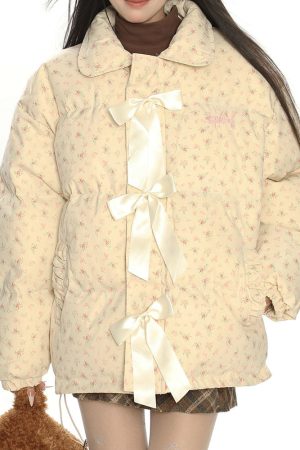Casual Day Outfits, Easy Trendy Outfits Cottagecore Cream Floral Padded Jacket