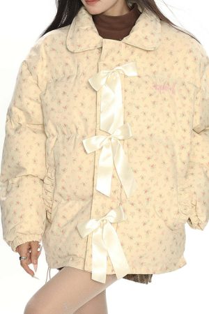 Casual Day Outfits, Easy Trendy Outfits Cottagecore Cream Floral Padded Jacket
