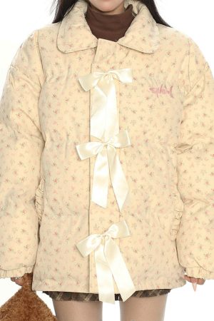 Casual Day Outfits, Easy Trendy Outfits Cottagecore Cream Floral Padded Jacket
