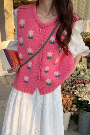 Casual Day Outfits, Easy Trendy Outfits Cottagecore Floral Embroidered Knit Vest