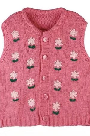 Casual Day Outfits, Easy Trendy Outfits Cottagecore Floral Embroidered Knit Vest