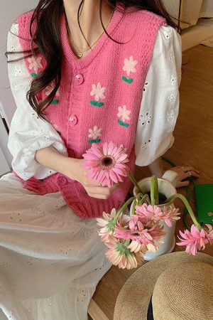 Casual Day Outfits, Easy Trendy Outfits Cottagecore Floral Embroidered Knit Vest