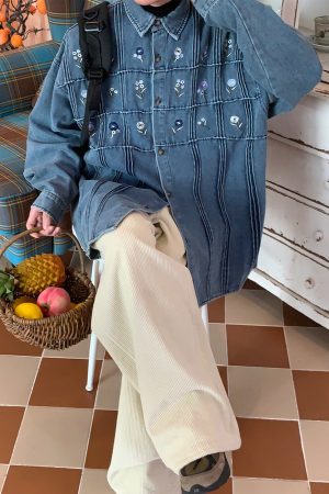 Casual Day Outfits, Easy Trendy Outfits Cottagecore Floral Embroidery Denim Jacket