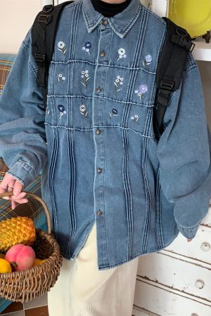 Casual Day Outfits, Easy Trendy Outfits Cottagecore Floral Embroidery Denim Jacket