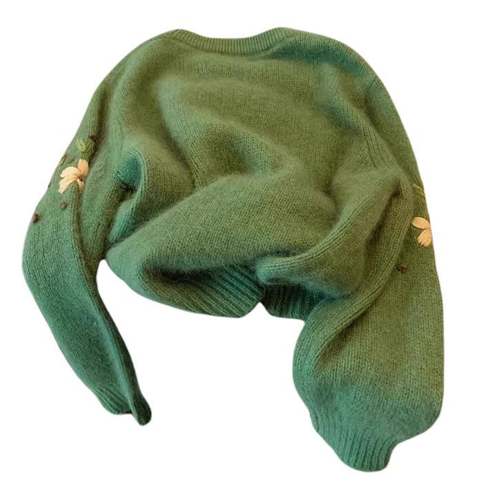 Casual Day Outfits, Easy Trendy Outfits Cottagecore Floral Embroidery Green Sweater Casual Day Outfits, Easy Trendy Outfits Cottagecore Floral Embroidery Green Sweater